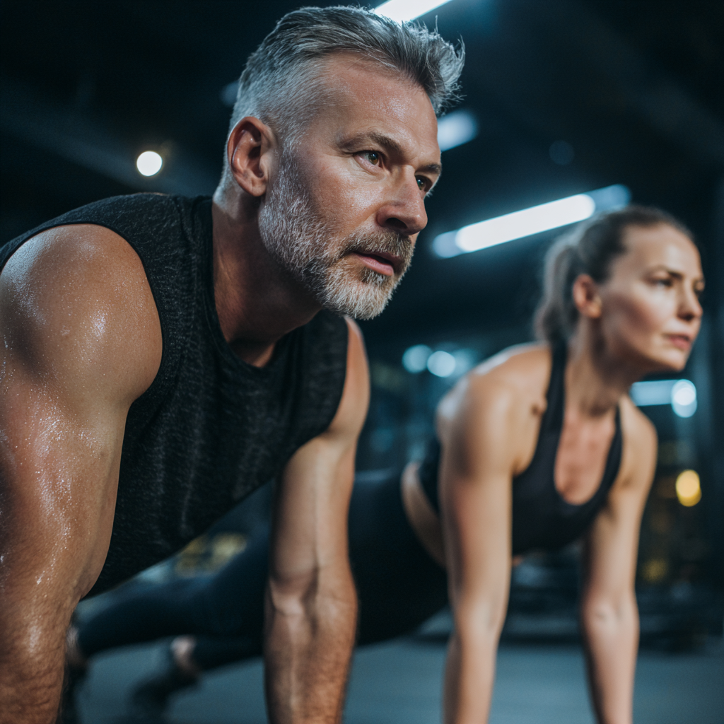 Fitness trainer demonstrating proper form with Polish adults during strength training session